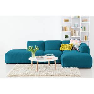 Hoekbank HUDSON met chaise longue Geweven stof Anda II: Turquoise - Longchair vooraanzicht rechts