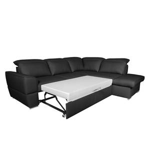Canapé d'angle Jovita Cuir véritable - Noir - Méridienne longue à droite (vue de face) - Fonction couchage - Coffre de lit
