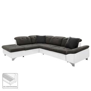 Canapé d'angle Jurby Imitation cuir / Tissu structuré - Blanc / Gris - Méridienne longue à gauche (vue de face) - Fonction couchage - Coffre de lit