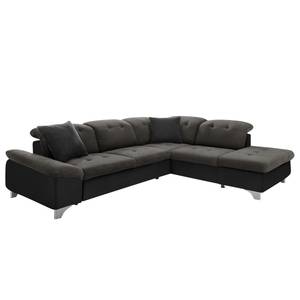 Canapé d'angle Jurby Imitation cuir / Tissu structuré - Noir / Gris - Méridienne longue à droite (vue de face) - Fonction couchage - Coffre de lit