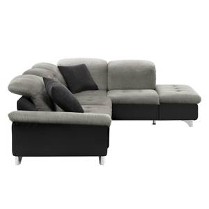 Canapé d'angle Jurby Imitation cuir / Tissu structuré - Noir / Gris clair - Méridienne longue à droite (vue de face) - Fonction couchage - Coffre de lit