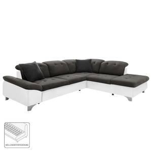 Canapé d'angle Jurby Imitation cuir / Tissu structuré - Blanc / Gris - Méridienne longue à droite (vue de face) - Fonction couchage - Coffre de lit