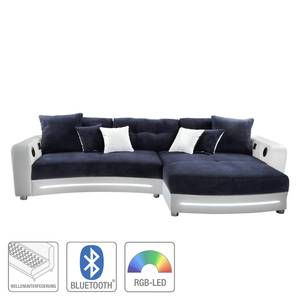 Canapé d'angle Lanai (éclairage fourni) Imitation cuir / Microfibre - Méridienne à monter à droite ou à gauche - Bleu foncé / Blanc