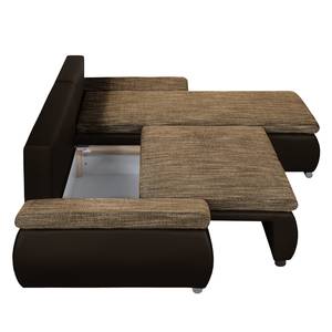 Canapé d'angle Laza convertible - Imitation cuir / Tissu - Marron foncé / Cappuccino - Méridienne courte à droite (vue de face)