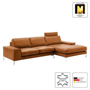 Ecksofa Lenox I Mit Kopfstütze - Longchair/Ottomane davorstehend rechts - Braun - Gedecktes Dickleder - Ohne Armlehnentablett