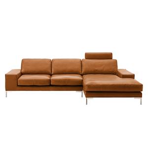 Ecksofa Lenox I Echtleder - Mit Kopfstütze - Longchair/Ottomane davorstehend rechts - Braun - Gedecktes Dickleder - Ohne Armlehnentablett