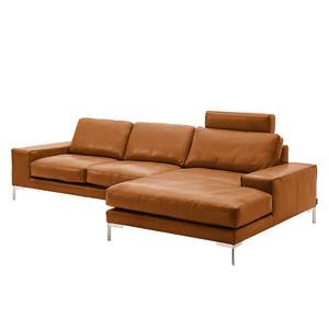 Ecksofa Lenox I Echtleder - Mit Kopfstütze - Longchair/Ottomane davorstehend rechts - Braun - Gedecktes Dickleder - Ohne Armlehnentablett