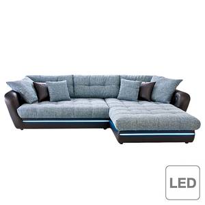 Canapé d'angle Lucilia éclairage fourni Imitation cuir noir / Tissu structuré bleu clair - Méridienne à droite (vue de face) - Aucun accessoire fourni