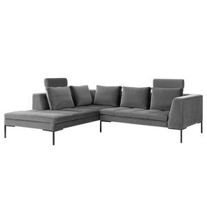 Ecksofa MADISON mit Ottomane Samt - Samt Shyla: Grau - Breite: 255 cm - Ottomane davorstehend links