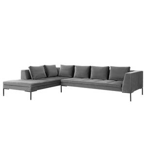 Ecksofa MADISON mit Ottomane Samt - Samt Shyla: Grau - Breite: 319 cm - Ottomane davorstehend links