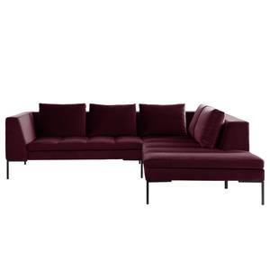 Hoekbank MADISON met ottomane fluweel - Velours Shyla: Aubergine - Longchair vooraanzicht rechts