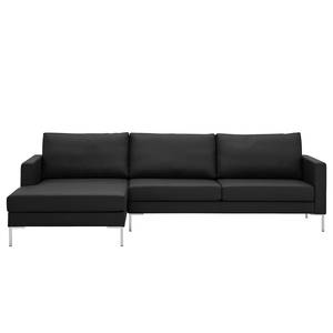 Hoekbank Portobello echt leer Echt leer Gad: Zwart - Breedte: 251 cm - Longchair vooraanzicht links