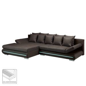 Canapé d'angle Rexburg Imitation cuir / Tissu structuré - Convertible et éclairage LED - Marron foncé / Marron - Méridienne courte à gauche (vue de face)