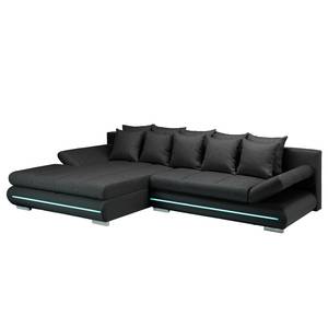 Canapé d'angle Rexburg Imitation cuir / Tissu structuré - Convertible et éclairage LED - Noir - Méridienne courte à gauche (vue de face)