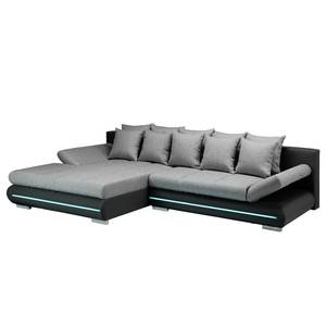 Canapé d'angle Rexburg Imitation cuir / Tissu structuré - Convertible et éclairage LED - Noir / Gris - Méridienne courte à gauche (vue de face)