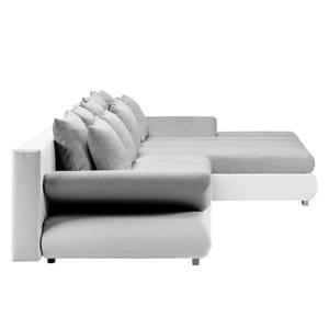 Canapé d'angle Rexburg Imitation cuir / Tissu structuré - Convertible et éclairage LED - Blanc / Gris clair - Méridienne courte à droite (vue de face)