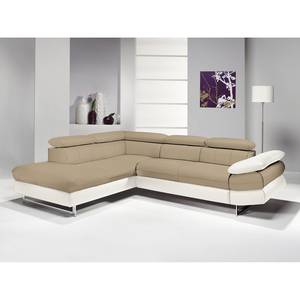 Canapé d'angle Ross Imitation cuir - Blanc / Sable - Méridienne courte à gauche (vue de face) - Fonction relaxation - Fonction couchage