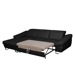 Canapé d'angle Saltia I Cuir véritable - Noir - Méridienne courte à gauche (vue de face) - Fonction couchage - Coffre de lit