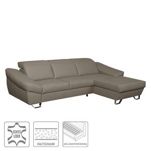 Ecksofa Saltia I Echtleder Taupe - Longchair davorstehend rechts - Schlaffunktion - Bettkasten