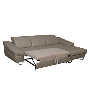 Ecksofa Saltia I Echtleder Taupe - Longchair davorstehend rechts - Schlaffunktion - Bettkasten