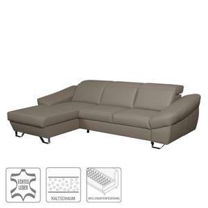 Ecksofa Saltia I Echtleder Taupe - Longchair davorstehend links - Schlaffunktion - Bettkasten