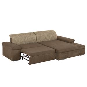 Ecksofa Sare Microfaser / Strukturstoff Braun / Kaffeebraun - Longchair davorstehend rechts - Bettkasten