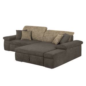 Ecksofa Sare Microfaser / Strukturstoff Dunkelbraun / Braun - Longchair davorstehend rechts - Bettkasten