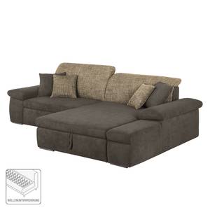 Ecksofa Sare Microfaser / Strukturstoff Dunkelbraun / Braun - Longchair davorstehend rechts - Bettkasten