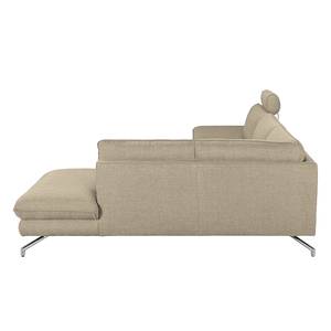 Hoekbank Sharon beige geweven stof - longchair vooraanzicht rechts - met 2 hoofdsteunen