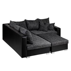 Canapé d'angle Sibenik Imitation cuir / Tissu structuré - Noir / Gris - Méridienne courte à gauche (vue de face) - Avec repose-pieds