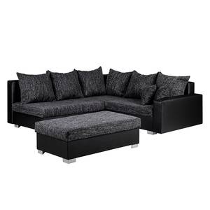 Ecksofa Sibenik Kunstleder / Strukturstoff Schwarz / Grau - Longchair davorstehend links - Mit Hocker