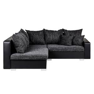 Ecksofa Sibenik Kunstleder / Strukturstoff Schwarz / Grau - Longchair davorstehend links - Mit Hocker