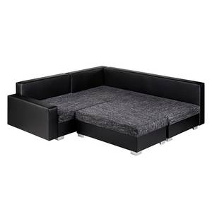 Ecksofa Sibenik Kunstleder / Strukturstoff Schwarz / Grau - Longchair davorstehend rechts - Mit Hocker