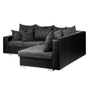 Ecksofa Sibenik Kunstleder / Strukturstoff Schwarz / Grau - Longchair davorstehend rechts - Mit Hocker