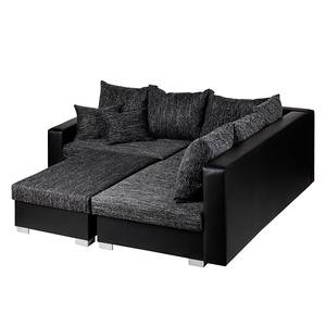 Ecksofa Sibenik Kunstleder / Strukturstoff Schwarz / Grau - Longchair davorstehend rechts - Mit Hocker