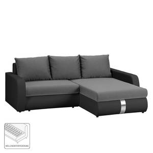 Ecksofa Huelva mit Schlaffunktion - Kunstleder/ Strukturstoff - Schwarz / Dunkelgrau - Longchair davorstehend rechts