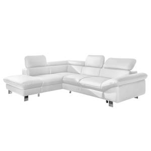 Canapé d'angle Waiho Imitation cuir - Blanc - Méridienne courte à gauche (vue de face) - Fonction relaxation - Fonction couchage - Coffre de lit