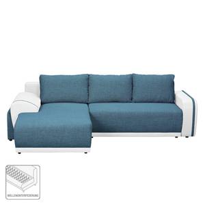 Ecksofa Westford (mit Schlaffunktion & 2 Hocker) - Kunstleder / Strukturstoff - Weiß / Petrol - Longchair davorstehend links