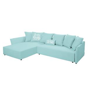 Ecksofa Wings Casual (mit Schlaffunktion) - Webstoff - Himmelblau - Longchair davorstehend links - 7 Kissen