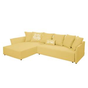 Ecksofa Wings Casual (mit Schlaffunktion) - Webstoff - Maisgelb - Longchair davorstehend links - 7 Kissen