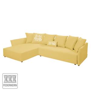 Ecksofa Wings Casual (mit Schlaffunktion) - Webstoff - Maisgelb - Longchair davorstehend links - 7 Kissen