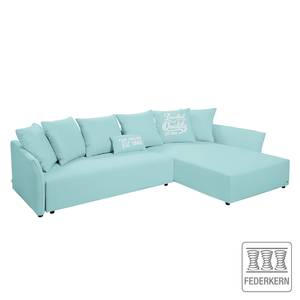 Ecksofa Wings Casual (mit Schlaffunktion) - Webstoff - Himmelblau - Longchair davorstehend rechts - 7 Kissen