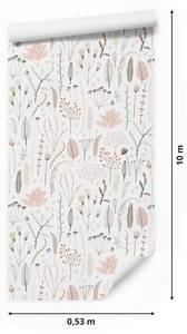 Tapete FELDPFLANZEN Blumen Blätter Natur Beige - Schwarz - Grau - Weiß - Papier - Textil - 53 x 1000 x 1000 cm