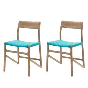 Chaises Fleek Coton / Chêne massif - Blanc - Turquoise - Lot de 2 - Sans accoudoirs