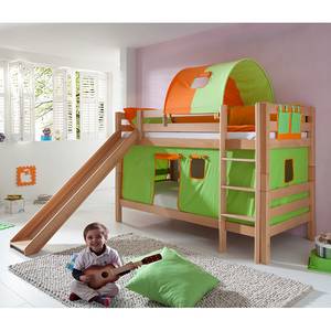 Letto per bambini Beni Legno massello di faggio - Laccato al naturale/Tessuto verde-arancione - Con scivolo, scaffale, tunnel e taschino