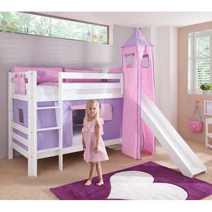 Letto per bambini Beni Con scivolo, tenda, torre e taschino - Faggio massello laccato bianco/Tessuto viola e rosa a cuori