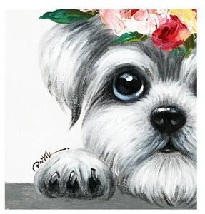 Tableau Chien couronne de fleurs 50x50cm Textile - 50 x 50 x 3 cm