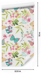 Papier Peint PAPILLONS Fleurs Feuilles Beige - Bleu - Vert - Blanc - Papier - Textile - 53 x 1000 x 1000 cm