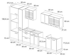 Küchenzeile R-Line 350cm ohne AP Hochglanz Schwarz - Eiche Dekor - Breite: 350 cm