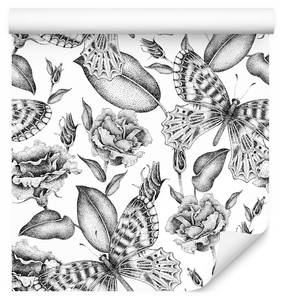 Papier Peint FEUILLES Roses Papillons Noir - Blanc - Papier - Textile - 53 x 1000 x 1000 cm